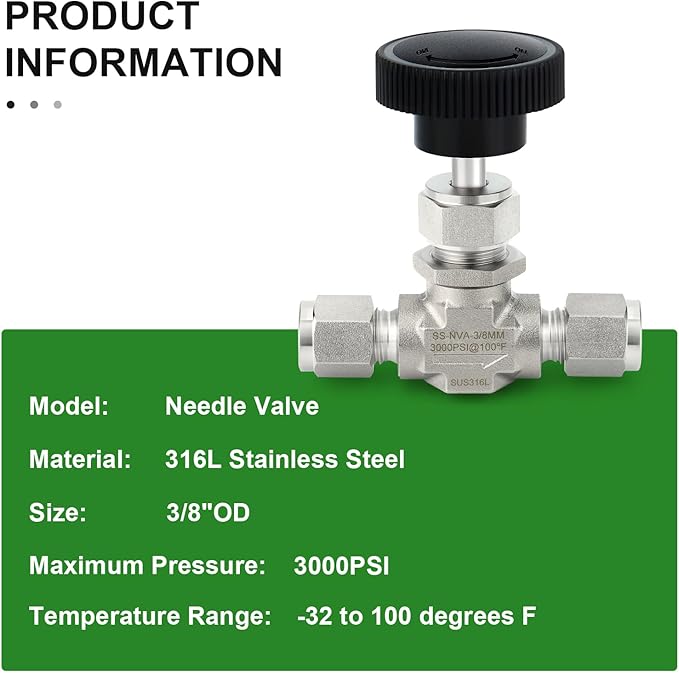 TAISHER 1PCS 316 Stainless Steel Compression Tube Straight Needle Valve 3/8" Tube OD x 3/8" Tube OD For Flow Control Water Gas Oil