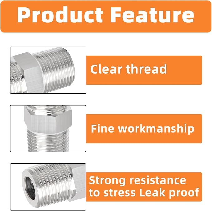 GASHER 4PCS 304 Stainless Steel Pipe Fitting, Hex Nipple Hex Coupling, 1/8" x 1/8" NPT Male Thread Pipe, 1/8Inch x 1/8Inch NPT Female Thread Pipe