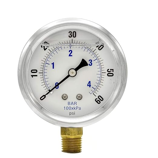 PIC Gauges PRO-201L-254D 0-60 PSI Pressure Gauge, 2 1/2" Dial, 1/4" Male NPT Connection, Bottom Mount, Dual Scale, Glycerin Filled, Stainless Steel Case/Bezel, Brass Internals & Plastic Lens