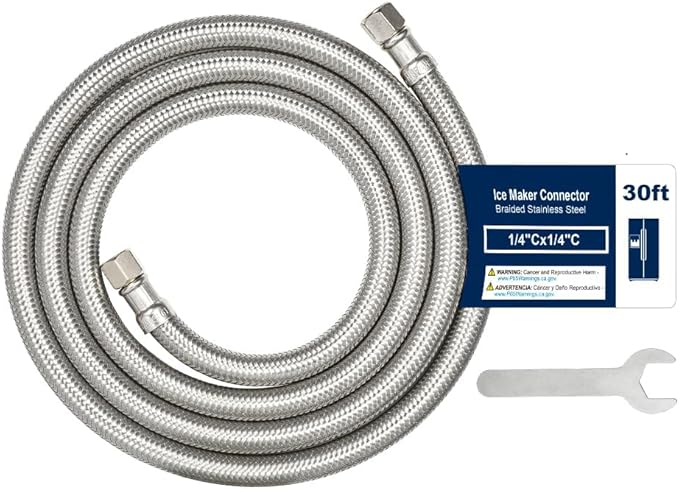 30ft Ice Maker Water Line Stainless Steel Braided – Flexible Refrigerator Water Supply Tube with 1/4" Quick Connect Fitting, Universal Fit