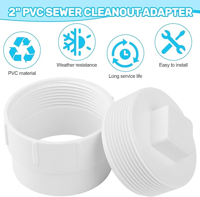 2" PVC Sewer Cleanout Adapter with Plug Pipe Fitting, PVC DWV Flush Sewer Cleaning Cap for Outdoor Garden and RVs Sewer Drainage Systems