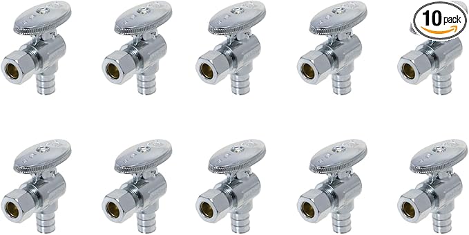 XFITTING 10 Pieces 3/8" Od Compression x 1/2" Pex Angle Stop Valve- Brass With Metal handle 24-3-2 (10 Packs)