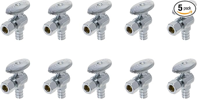 XFITTING 5 Pieces 3/8" Od Compression x 1/2" Pex Angle Stop Valve- Brass With Metal handle 24-3-2 (5 Packs)