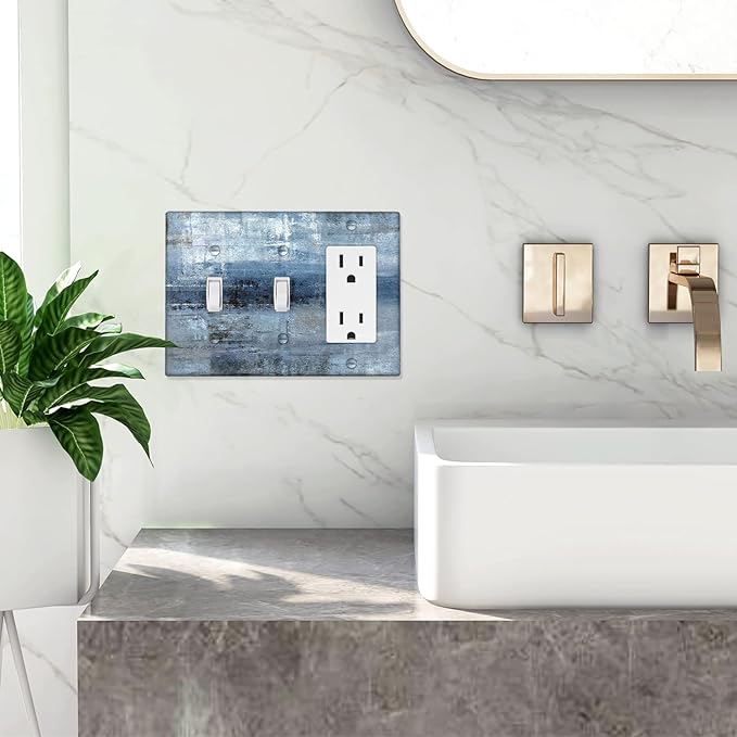 Blue Grey Light Switch Cover 3 Gang Decora/Toggle Decorative Wall Switch Plates Abstract Art Wallplates Outlets Cover for Kitchen Bedroom Decor