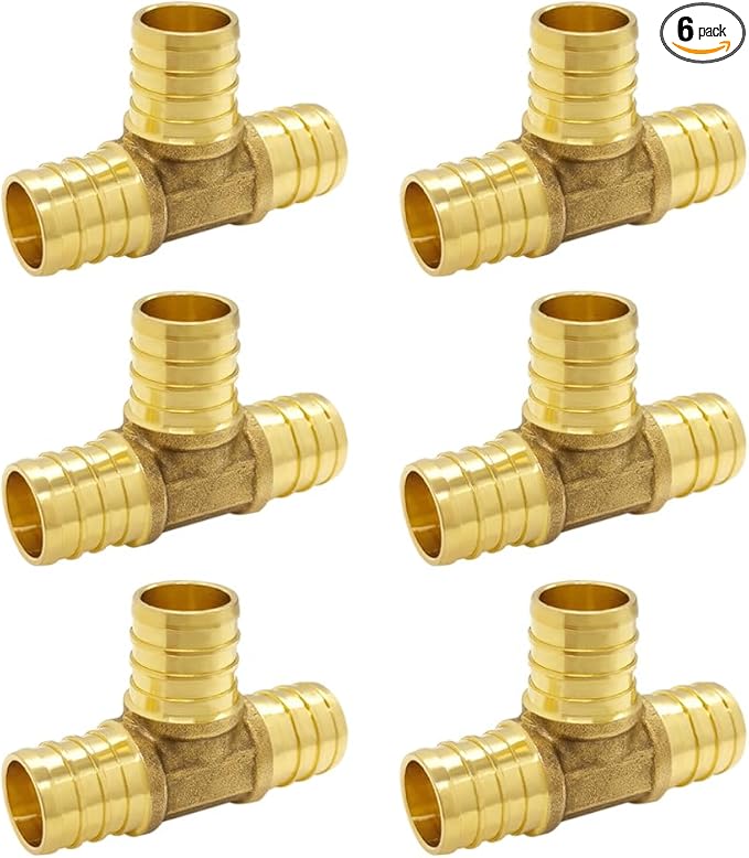 Hooshing 6PCS 3/4 Inch Tee PEX Fitting Solid Brass Barb Crimp Fittings for PEX Pipe Hose