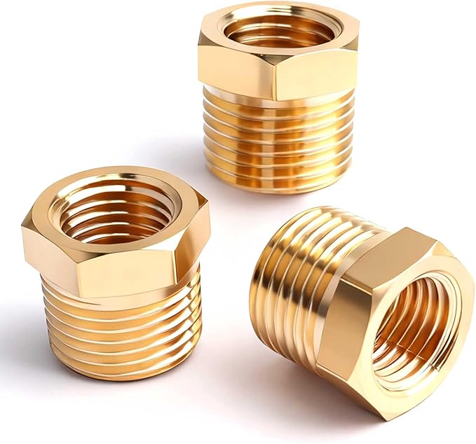 3/8" NPT Male to 1/4" NPT Female Brass Hex Bushing Reducing Bushing Pipe Fitting, Brass Fitting Reducer Adapter 3 Pack