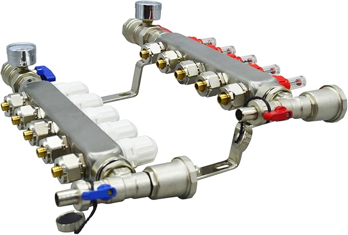 5 Branch PEX Radiant Floor Heating Manifold Set Floor Heating Water Distributor 1/2" Pipe Adapter 304 Stainless Steel and Brass, for Heating Systems