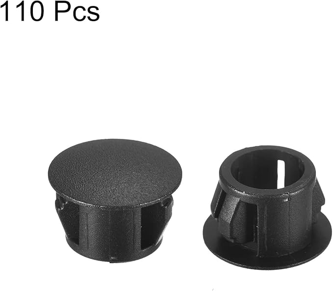 uxcell 15/32" Plastic Hole Plugs, 110Pcs Flush Type Panel Round Snap in Fastener Knockout Locking Plugs for Furniture Insert End Caps Panels, Black