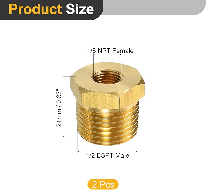 uxcell 2Pcs 1/2 BSPT Male x 1/8 NPT Female Brass Reducer Hex Bushing Threaded Pipe Fitting, Brass Threaded Pipe Fitting Adapter for Water, Gas, Oil Pipeline Systems