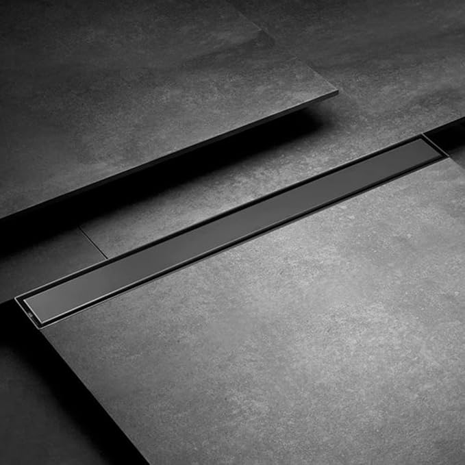 36 inch Linear Shower Drain with Removable Square Hole Panel by Using 304 Stainless Steel Process, Linear Drain Equipped with Adjustable Feet and Hair Strainer（Matte Black Color）