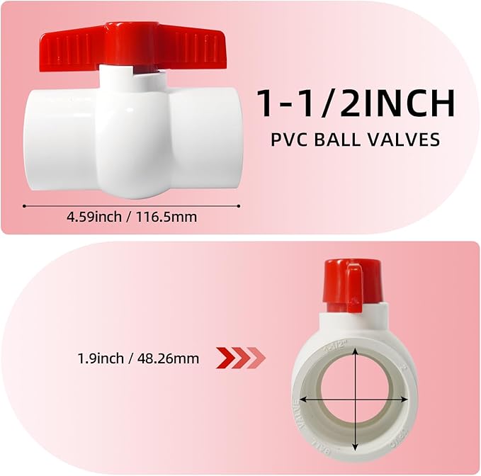 YADIAN 6 Pack 1-1/2'' PVC Ball Valve Water Pipe Valve T Handle Shut-Off Valve 1-1/2inch Slip/Socket for Water Project, Swiming Pool, Sewage Pump, Sprinkler Lines, Outdoor Plumbing & Irrigation System