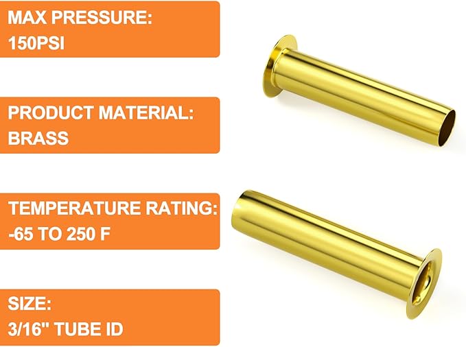 GASHER 100PCS Brass Compression Fitting, Brass Compression Insert Tube Support 3/16" Tube OD