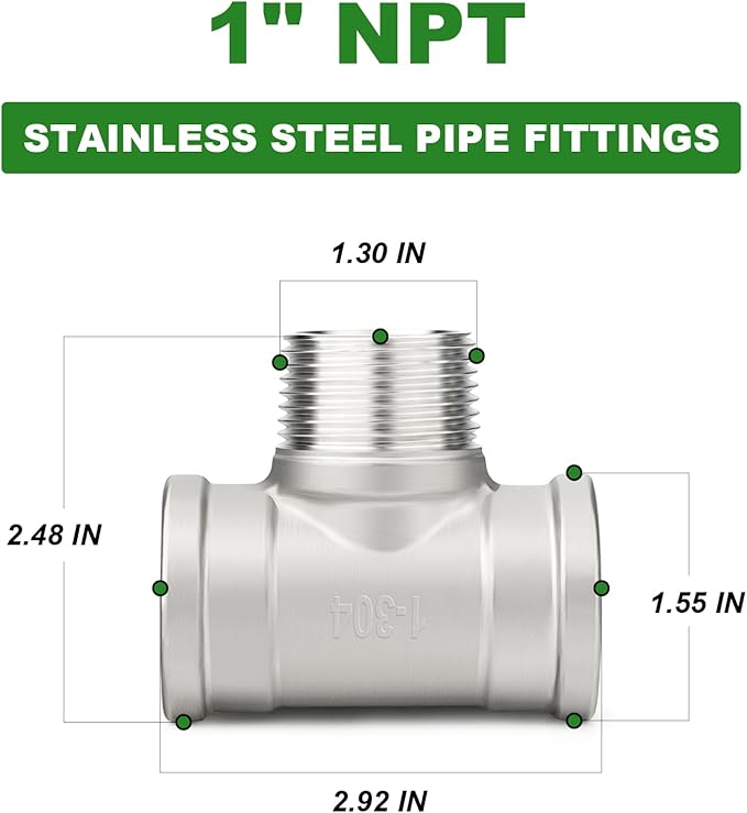 TAISHER 2PCS 304 Stainless Steel Tee Pipe Fittings, 1" NPT Female x 1" NPT Male x 1" NPT Female Pipe Fittings, Male Branch Tee