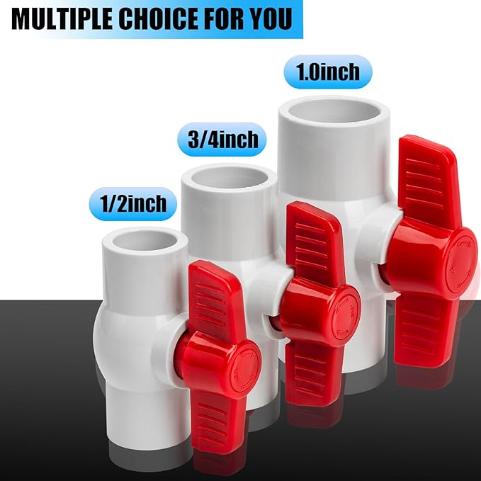 10PCS 1/2" PVC Ball Valve, Shut-Off Ball Valves Socket with Easy Turn Red T-Handles, Slip PVC Valve for Water Project, Swimming Pool, Sewage Pump, Sprinkler Line, Outdoor Plumbing & Irrigation System