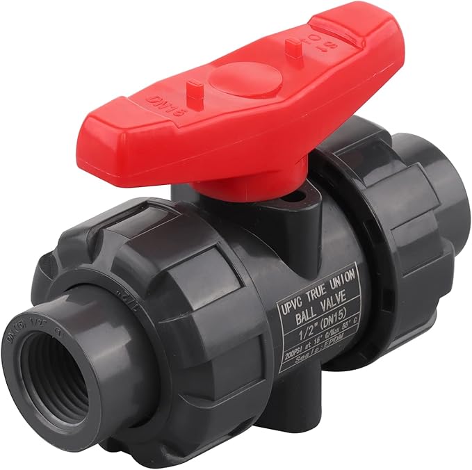 DERNORD PVC True Union Ball Valve NPT Threaded with Full Port, EPDM O-Rings, and Reversible PTFE Seats, Rated at 200 PSI (1/2 Inch NPT Threaded)