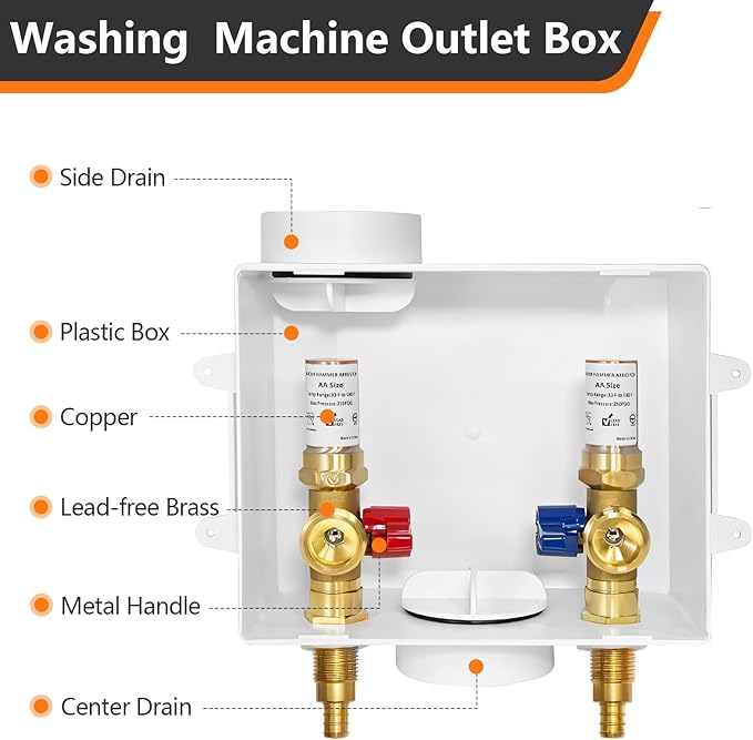 HeSun Washing Machine Outlet Box, 1/2 Inch Crimp Pex Inlet x 3/4 Inch MHT Outlet, Pex Washer Laundry Box with Center Drain,with Copper Water Hammer Arrestor
