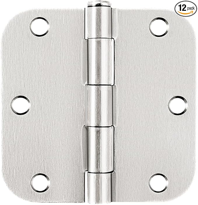Probrico Interior Door Hinges Brushed Nickel, 3.5 X 3.5 Inch Door Hinges Rounded 5/8" Radius Corners, Nickel Hinges for Door Hardware, 12 Pack