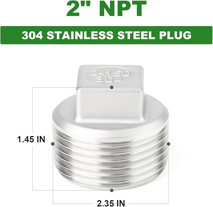 TAISHER 2PCS 304 Stainless Steel Outer Square Thread Socket Pipe Plug Fitting 2" NPT Male