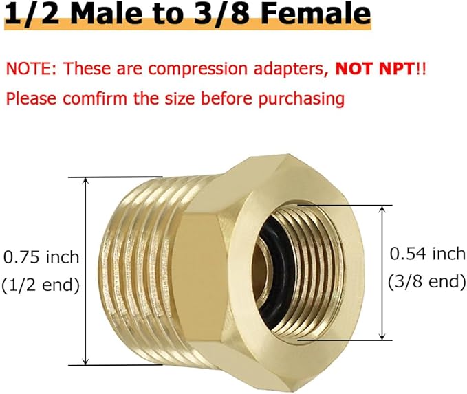Hooshing 1/2 NPT Male to 3/8 Compression Female Thread Brass Reducer Fittings Water Supply Adapter for Kitchen Bathroom Plumbing