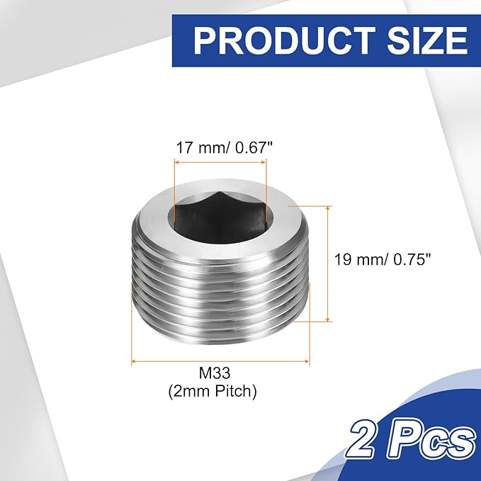 PATIKIL 2 Pcs 304 Stainless Steel Pipe Plug M33 x 2 Male Internal Hex Thread Socket Pipe Plug Hex Countersunk Pipe Fitting for Sealing Water Oil Gas Pipeline, Silver
