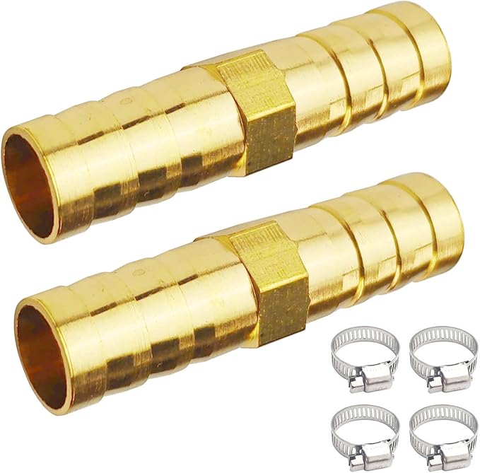 2PCs 3/8" Brass Hose Barb Fitting Straight Shape Barbed Splicer Mender Union Fitting with 4PCs Hose Clamp for Oil Water Air