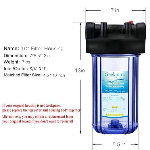 Geekpure 10-Inch Whole House Water Filter Housing 3/4" Port with Wrench and Bracket -4.5"x10"-Clear Pack of 4