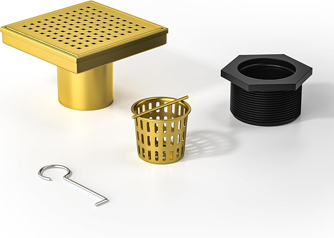 Square Shower Drain 4", 304 Stainless Steel Floor Drain w/Hair Strainer, Grid Shower Drain w/CUPC Certified (Brushed Gold, 4 Inch)
