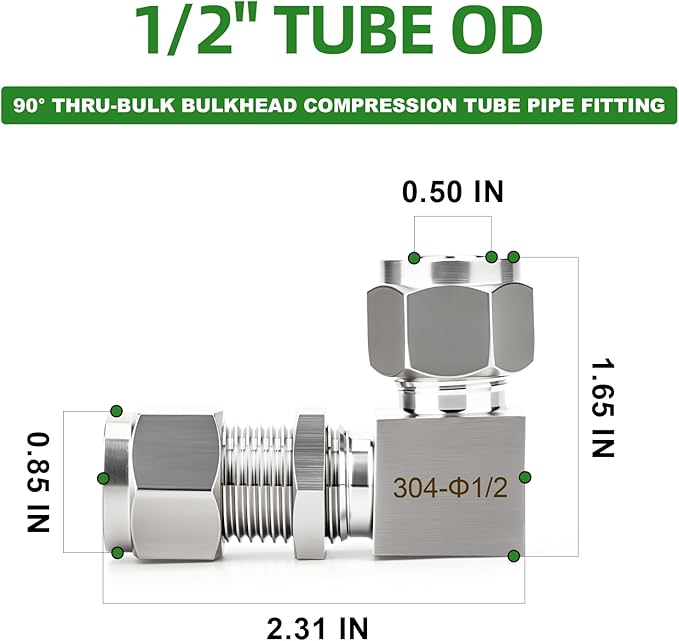 TAISHER 1PCS 304 Stainless Steel 90 Degree Thru-Bulk Bulkhead Compression Tube Pipe Fitting Connector, 1/2" Tube OD x 1/2" Tube OD Straight Adapter