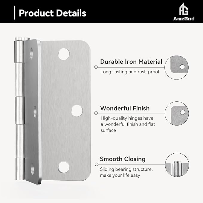 Door Hinges Brushed Nickel - 24 Pack Nickel Door Hinges 3.5 Inch Rounded Interior Satin Nickel Door Hinge with 1/4" Radius - Flat Iron Residential Standard 3 1/2 Inches Silver Door Hardware