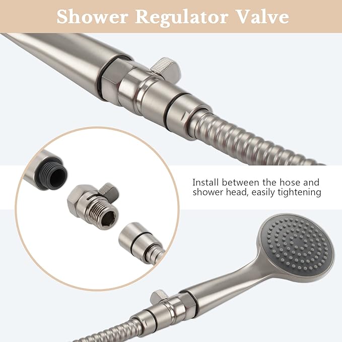 APLusee Shower Head Shut Off Valve, Solid Brass Water Flow Restrictor with Adjustable Lever, Brushed Nickel
