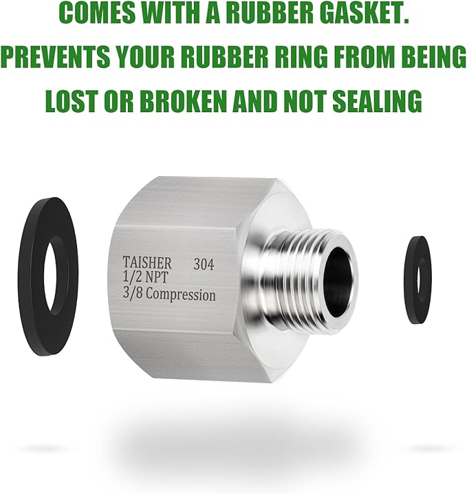 TAISHER 2PCS 304 Stainless Steel Water Hose Adapter 1/2" NPT × 3/8" Compression Pipe Fitting for kitchen bathroom faucet supply line adapter with rubber gasket