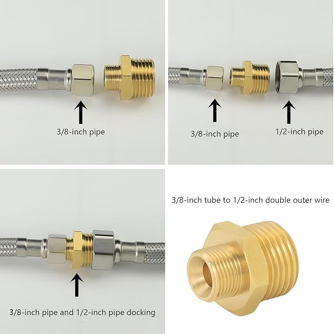 1/2 to 3/8 inch reducer faucet adapter - compressed brass pipe fittings, 3/8 "to 1/2" male water supply pipe adapter for RV kitchen water supply pipes, compatible with 3 water pipe fittings