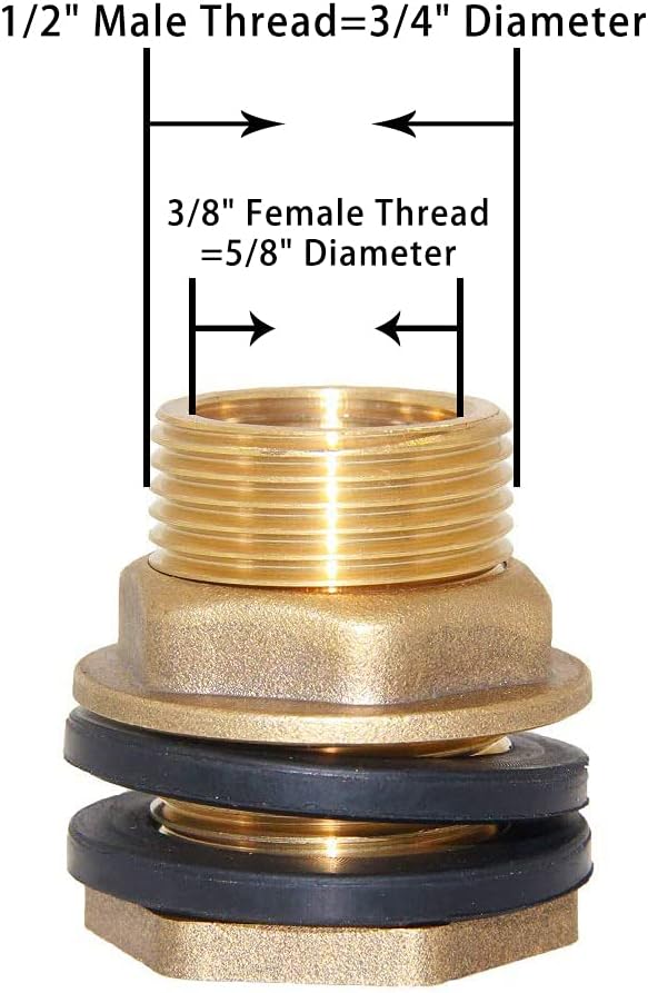 Joywayus 2pcs 3/8" Female 1/2" Male Soild Brass Water Tank Connector Bulkhead Tank Fitting With 2 Rubber Ring Stablizing