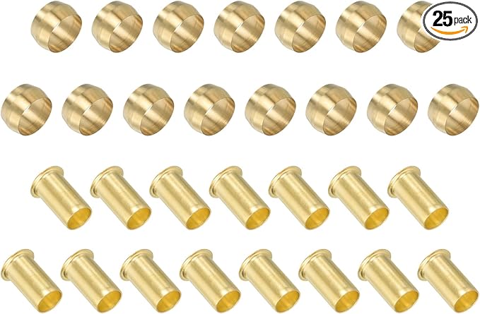 PATIKIL 1/2" Tube ID Compression Assortment Kit, 25 Set Brass Compression Sleeve Ferrule & Insert for Water Oil Air Pipe