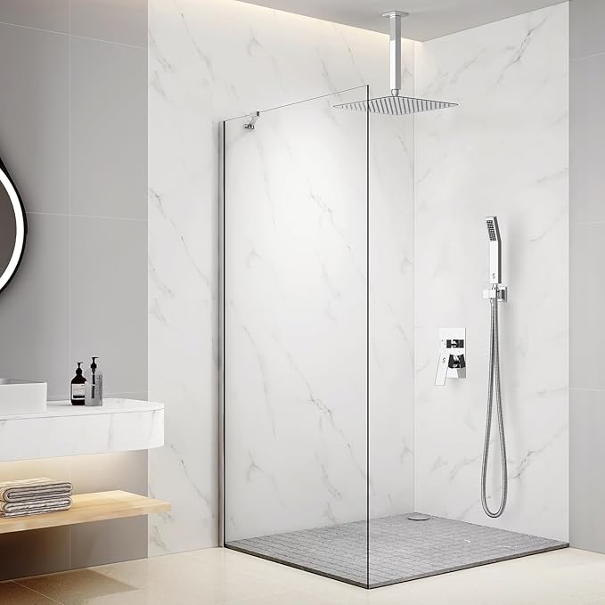 SR SUN RISE 12 Inch Ceiling Mounted Shower System Rain Mixer Combo Set Rainfall Shower Head System Faucet Trim Repair Kits Polished Chrome Rough-in Valve Body and Trim Included