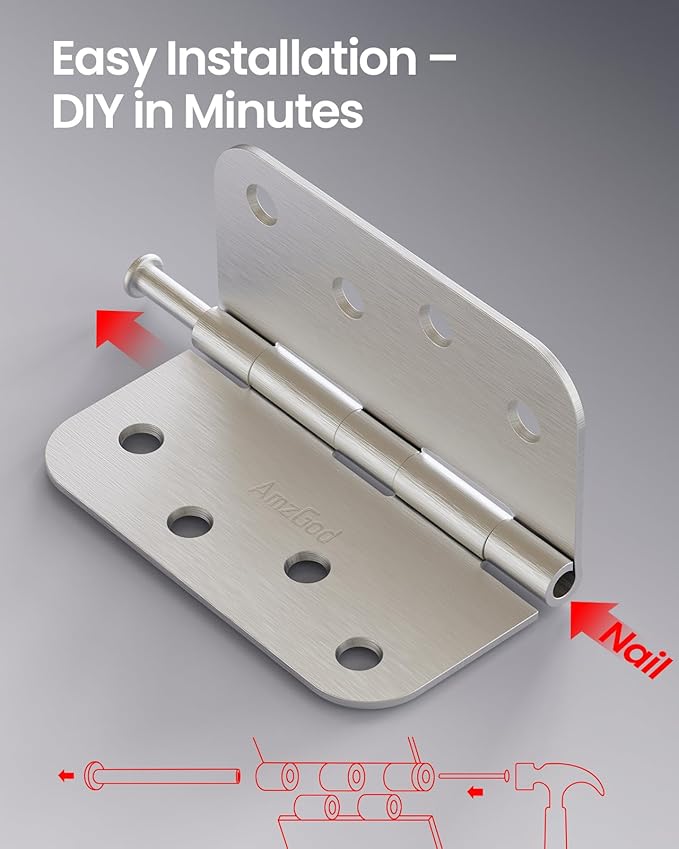 4 Inch Door Hinges 3 Pack, Brushed Nickel Interior Door Hinges with 5/8" Radius Corners, Heavy Duty 4"x4" Satin Nickel Hinges for Residential Front Door, Silver Finish