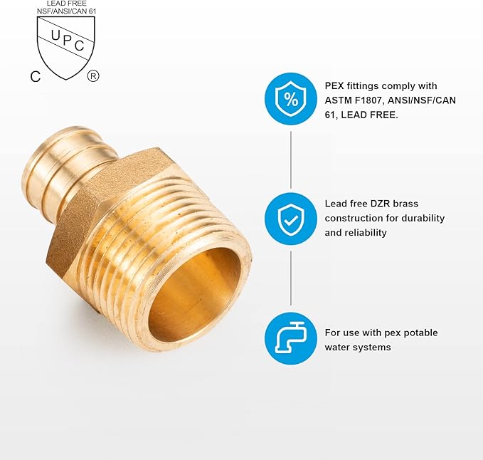 WMAXPFIT(5 Pack) 3/4 Inch PEX x 3/4 Inch Male NPT Thread Adapter F1807, LF Brass crimp fitting for PEX-b pipe