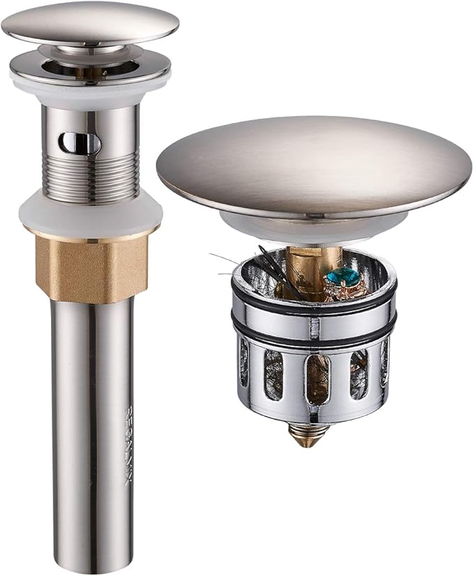 Vessel Sink Drain for Bathroom, Pop-up Drain With Detachable Basket Stopper, Anti-Explosion And Anti-Clogging Drain Strainer, Sink Drain Assembly With Overflow Brushed Nickel, REGALMIX RWF083J