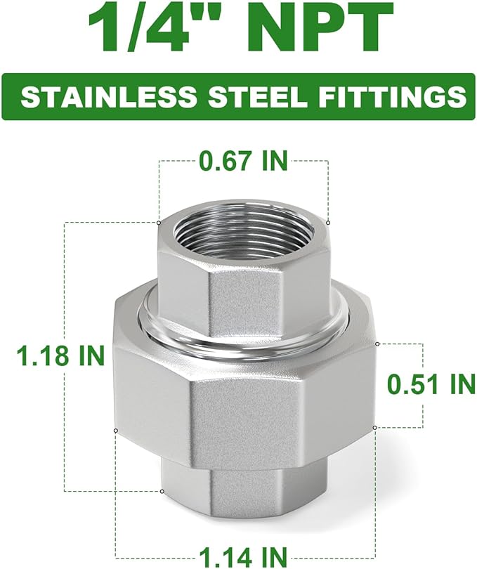TAISHER 5PCS 304 Stainless Steel Union，1/4" NPT Female Cast Pipe Fitting