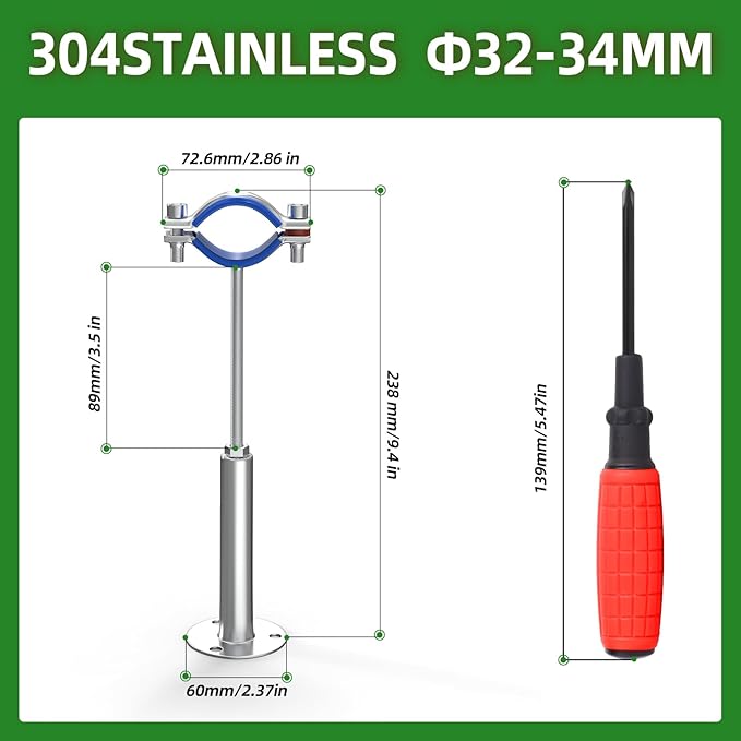 TAISHER 3PCS 304 Stainless Steel Wall Mount Ceiling Mount Adjustable Pipe Supports，Adjustable Pipe Strap Bracket Clamp，Suitable for 1 inch diameter tubes (32-34mm)，Adjustable Height 100-200mm