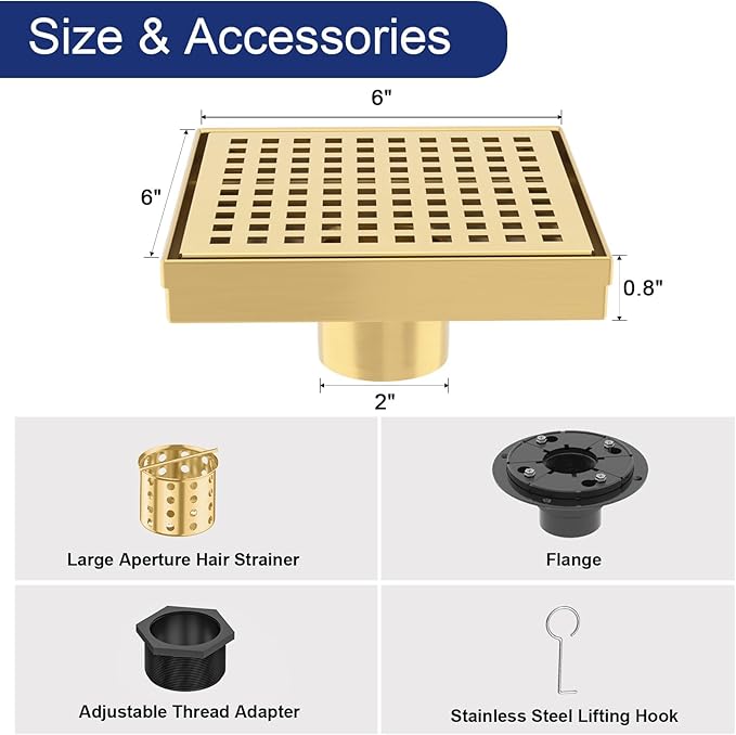 6 Inch Square Shower Drain | Brushed Gold Shower Drain with Flange, Hair Strainer & Removable Grid Cover, AISI 304 Stainless Steel Shower Floor Drain, in Bathroom, Kitchen, Balcony etc