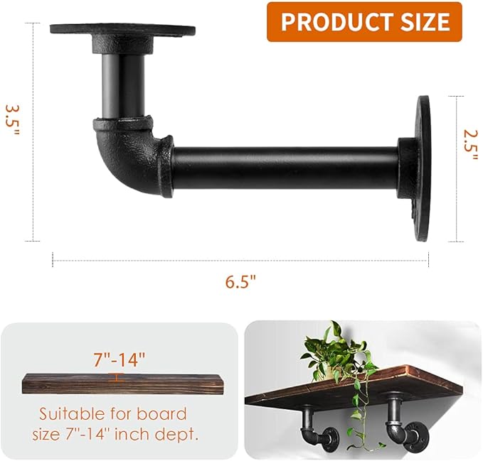 Janyang Industrial Pipe Shelf Brackets for 8 10 12 14 inches Board, Iron L Pipe Floating Shelves, Heavy Duty Metal Shelving Brackets - 4 Pack Black