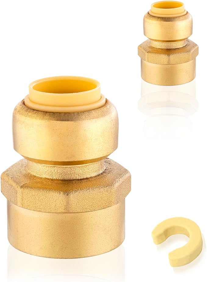 10-Pack HeSun Pushfit Female Adapter, 1" FNPT x 3/4" Push to Connect Plumbing Fittings with Disconnect Clip, Brass Push-fit Fittings for PEX, Copper, CPVC, PE-RT Pipes(PF136-10)