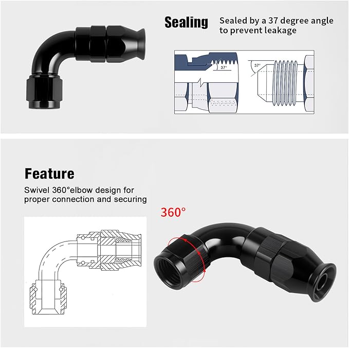 10AN PTFE One Piece Full Flow Hose End Fitting 90 Degree Swivel Only for PTFE Hose Aluminum Black 2PCS