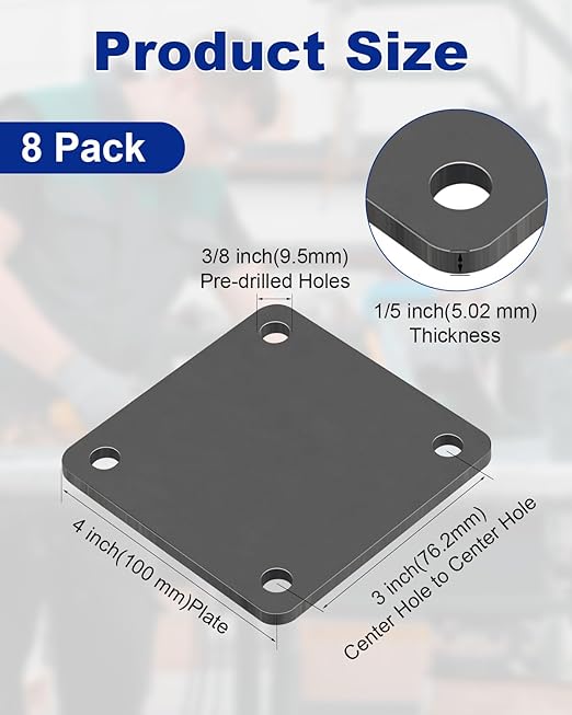 Rocaris 8 Pcs 4 X 4 X 1/5 Inch A36 Steel Plate Hot Rolled, Steel Base with 4 Holes Metal Square for Construction Boards, Structure Support, Weldable Square and Industrial