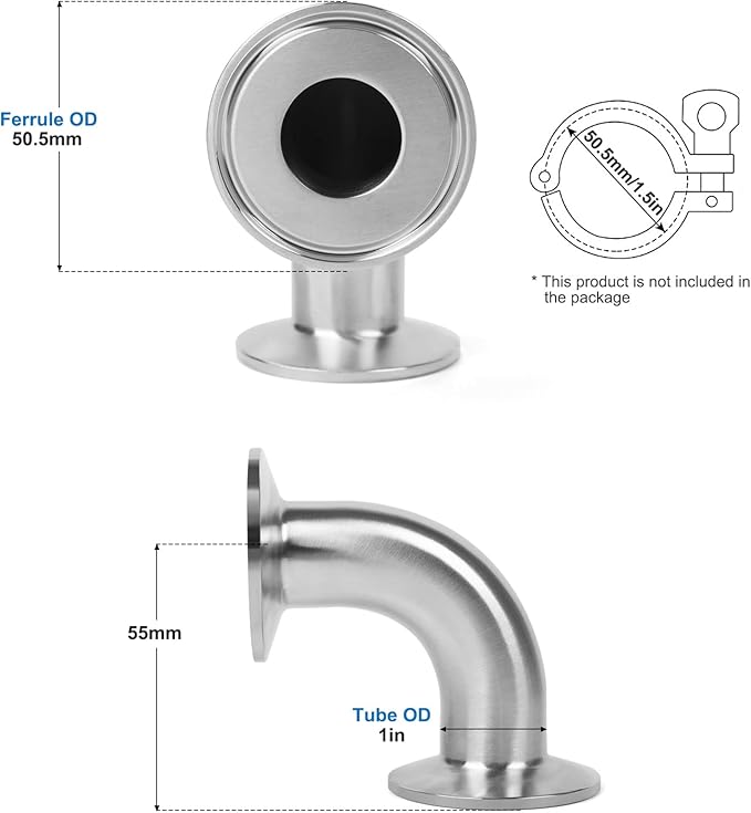 Elbow 1" Tri Clamp Elbow 90 Degree Pipe Fitting 25mm Pipe OD Sanitary Fitting Stainless Steel 304