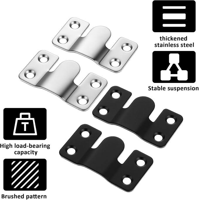 4 Pairs Flush Mount Bracket with Screws Stainless Steel Heavy Duty Photo Frame Hook Furniture Connector Art Gallery Wall Mount Hardware for Hanging Large Picture Display (Silver, Black)