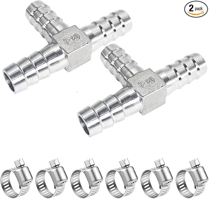 5/16" Tee Hose Barb Fitting Stainless Steel Equal Barb 3 Way T shaped Splitter Joint Connector Adapter Union Fitting for Fuel Gas Liquid Air(Thickened version-2Pcs)