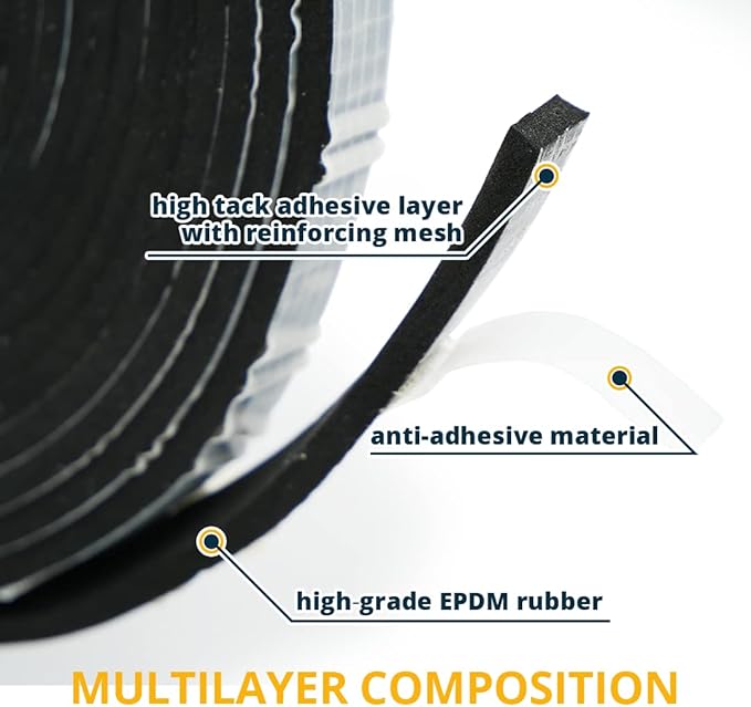Alenor EPDM Black Foam Insulation Tape Self Adhesive 1/5"x3/5" x 33' Ft –Pack of 1- Weather Stripping for Doors & Windows,Soundproofing,Door Seal,Weatherstrip,Pipe Cooling,Air Conditioning Seal Strip
