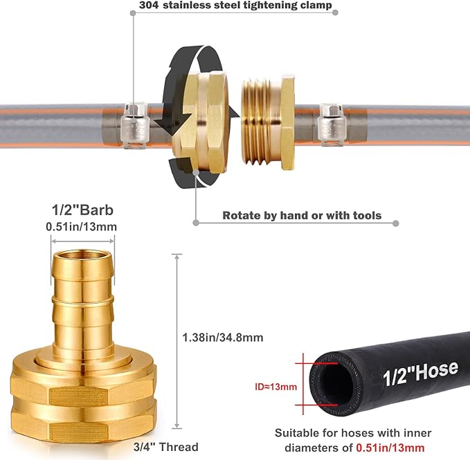 Solid Brass Garden Hose Repair kit Connector with Stainless Steel Clamps, Male Adapter/Female Garden Hose Swivel Fitting… (1/2" Barb x 3/4" Female -2 Sets)